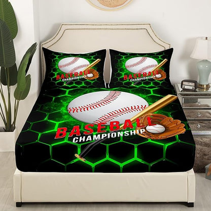 Manfei Baseball Sheet Set Full Size, Sports Theme Bed Sheet Set 4pcs with Deep Pocket Fitted Sheet + Flat Sheet + 2 Pillowcases, Green Honeycomb Geometric Bedding Set for Kids Boys Adults Room Decor