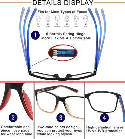 Reading Glasses for Men 4-Pack Stylish Computer Readers with Spring Hinges, Anti Glare/Eye Strain Filter UV Ray Blue Light Blocking Two-Tone Reader Eyeglasses,+1.5 Magnification Strength