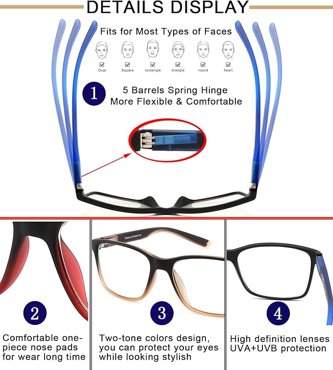 Reading Glasses for Men 4-Pack Stylish Computer Readers with Spring Hinges, Anti Glare/Eye Strain Filter UV Ray Blue Light Blocking Two-Tone Reader Eyeglasses,+1.75 Magnification Strength
