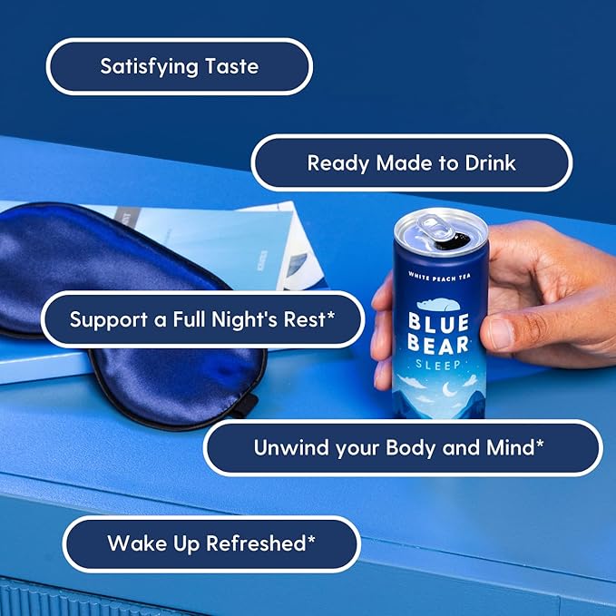 Blue Bear Melatonin Sleep Drink, Sleep Tea for Bedtime Support, White Peach Tea with Melatonin (5mg), Lavender, Ashwagandha, Chamomile, GABA, L-Theanine, Caffeine-Free, Zero Sugar, 8.4 Fl Oz 12-Pack