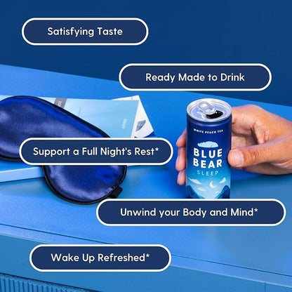Blue Bear Melatonin Sleep Drink, Sleep Tea for Bedtime Support, White Peach Tea with Melatonin (5mg), Lavender, Ashwagandha, Chamomile, GABA, L-Theanine, Caffeine-Free, Zero Sugar, 8.4 Fl Oz 12-Pack