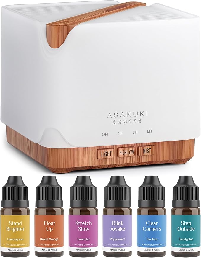 ASAKUKI Essential Oil Diffuser 700ml, Ultrasonic Aromatherapy Humidifier with Top 6 Essential Oils Set, 7 LED Colors, Timer & Auto-Off, Large Room Diffuser, Valentine's Day Gift