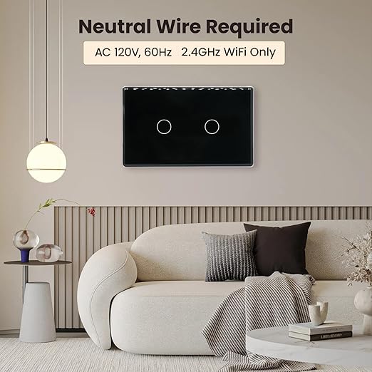 Smart Light Switch,2-Button,Aluminum Frame, Neutral Required,2.4GHz, Tuya Smart Life App,Voice Control,2.5D Curved-Edge Tempered Glass Panel,Black