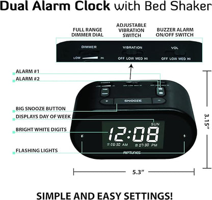 Riptunes Loud Alarm Clock with Bed Shaker for Heavy Sleepers & Hearing Impaired - Dual Alarm for Bedroom Weekday and Weekend Settings USB Charging, Dimmer, Snooze (Black)