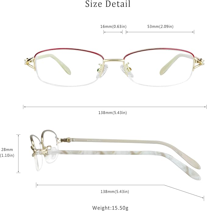 LifeArt Alloy Semi-Rimless Reading Glasses,Blue Light Blocking Glasses, Anti Eyestrain, Computer Gaming Glasses, TV Glasses for Women Men, Anti Glare (Red Gold, +3.25 Magnification)