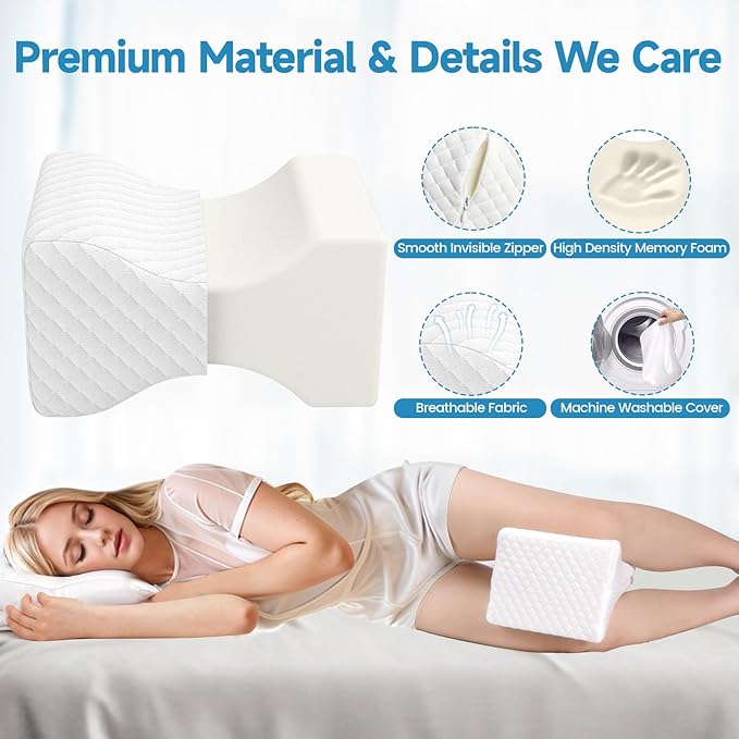 Memory Foam Knee Pillow for Side Sleepers, Support Leg Pillow for Side Sleeping, Smooth Spine Alignment Pillow, Cushion for Hip, Back, Sciatica, Knee, Joints Pain Relief, White
