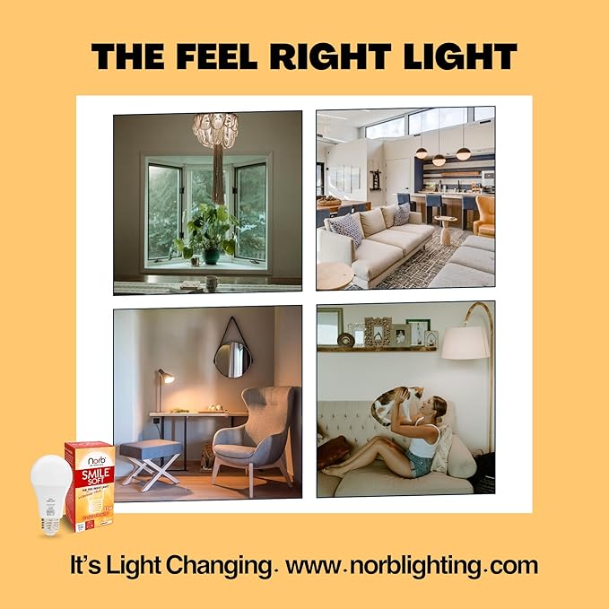 NorbSMILE Soft Full Spectrum Light Bulb - Sunlike Softer-Hue A19 Wellness LED. Boost Energy, Mood & Performance, Support Circadian Rhythm, Near-Perfect Color Rendering, Patented, US Based (1-Pack)