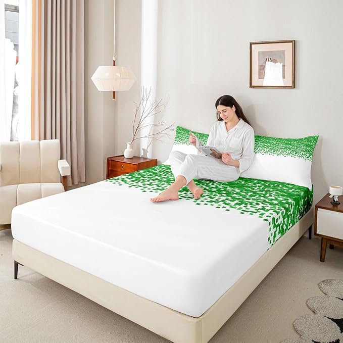 Pixelated Game Boys Girls Bed Sheets,Geometric Check Video Games Room Decor,Gamepad Grid Abstract Gaming Kids Twin Size Fitted Sheet,Green White Bedding Set,1 Pillowcase(No Flat)