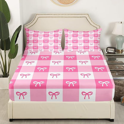 Kawaii Bow Bed Cover(1 Fitted Sheet+1 Pillow Case),Dreamy Princess Bowknot Hand Graffiti Bedding Set for Kids Girls,Geometric Pink White Stripes Plaids Patchwork Sheet Set,3Pcs Full Size