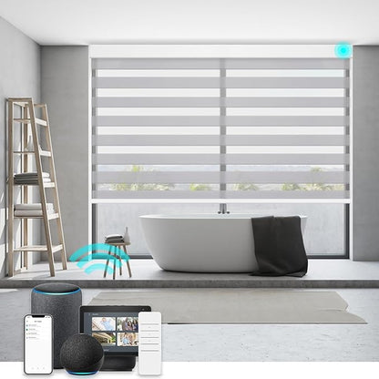 Changshade Smart Motorized Zebra Blinds Remote Control for Indoor Door Windows Light Filtering, Custom Size Shades Electric Power Automatic Compatible with Alexa, Google Home, Apple Homekit, Grey
