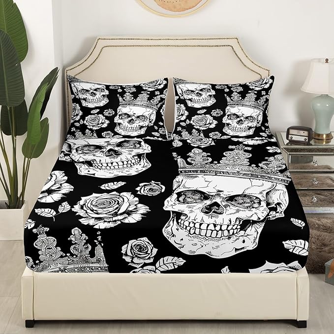 Manfei Floral Skull Kids Sheet Set Twin Size, Gothic Skull Crown Flower Bed Sheet Set 3pcs (Fitted Sheet, Flat Sheet, 1 Pillowcase), Halloween Theme Bedding Set for Boys Girls Bedroom Decor