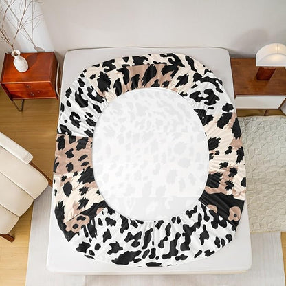 Manfei Leopard Sheet Set King Size,Cow Cowhide Fur Bed Sheet 4pcs with Deep Pocket Fitted Sheet + Flat Sheet + 2 Pillowcases,Animal Fur Stripes Design Soft Brown Bedding Set for Kids Teens Adult