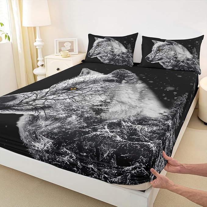 Manfei Wolf Sheet Queen,Winter Pine Bed Sheet Set 4pcs with Deep Pocket Fitted Sheet + Flat Sheet + 2 Pillowcases Plant Animal Theme Black Soft Bedding Set for Kids Teenss Room Decor,Black