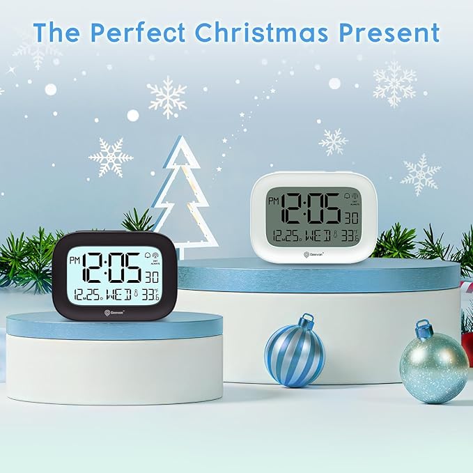 Geevon Small Digital Atomic Alarm Clock for Bedroom, Portable Battery Operated Travel Desk Clock for Heavy Sleepers, with 10s Backlight, Temperature, 3 Inch Display, Black