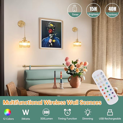 Battery Operated Wall Sconce with Amber Striped Shade Pattern Glass Adjustable Chain Retro Gold Wall Mounted Light, Modern Wall Decor for Bedside Bedroom Indoor Doorway， Set of 2