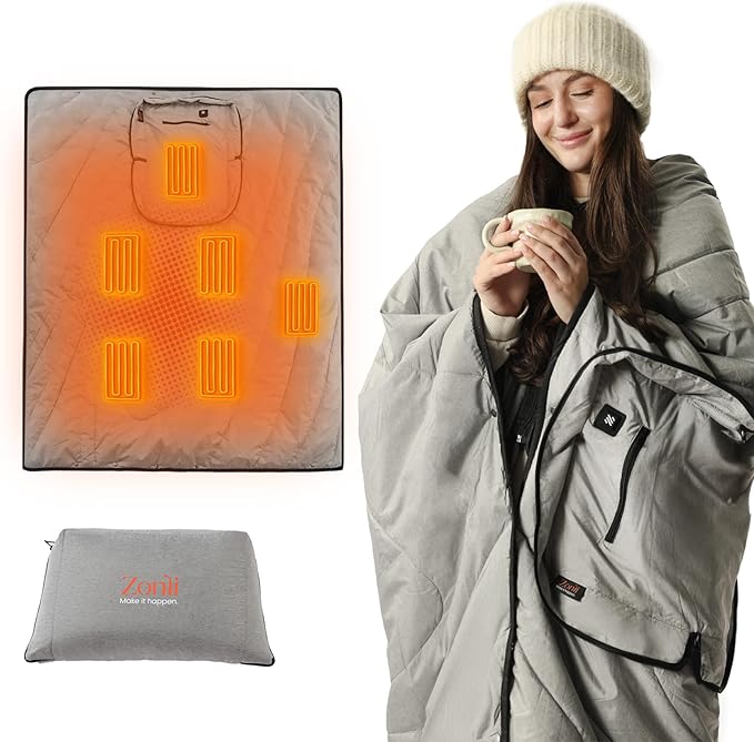 ZonLi Heated Blanket Battery Operated, Cordless Electric Throw for Super Bowl & Outdoor, 50"x60" Wearable Rechargeable for Camping Tailgating, Water-Resistant Machine Washable (Dark Grey)