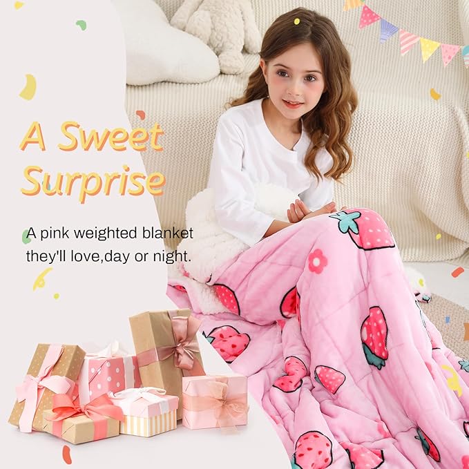 Aemicion Weighted Blanket 10 pounds Twin Size 48"x 72",Soft Sherpa Fleece Heavy Blanket for Sleeping Perfect for 80-110lbs, Cute Strawberry Pink Weighted Blanket for Bed or Couch