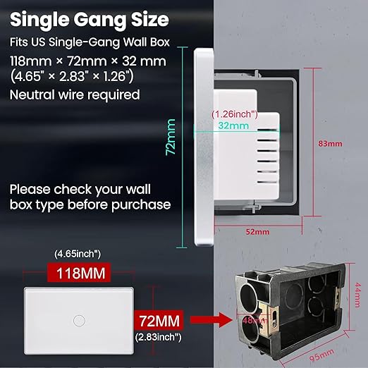 Smart Light Switch,1-Button,Aluminum Frame, Neutral Required,2.4GHz, Tuya Smart Life App,Voice Control,2.5D Curved-Edge Tempered Glass Panel,White