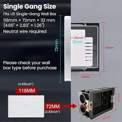Smart Light Switch,1-Button,Aluminum Frame, Neutral Required,2.4GHz, Tuya Smart Life App,Voice Control,2.5D Curved-Edge Tempered Glass Panel,White