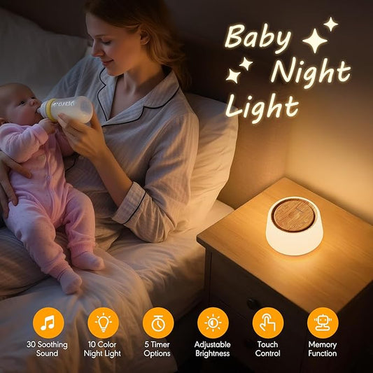 White Noise Machine with Night Light, 30 Soothing Sounds Portable Sound Machine for Baby and Adults, 10 Color Night Light, 5 Timer Options, Memory Function,Compact for Travel (Wood Grain)