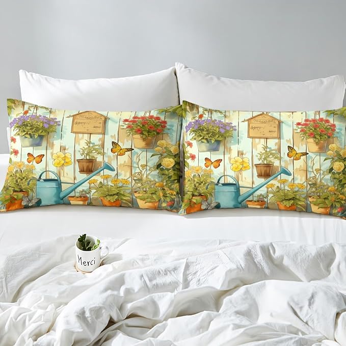 Manfei Gardening Kids Sheet Full Size,Potted Plants Flowers Butterfly Bedding Set,Boys Girls Room Decor,Geometric Wooden Plank Rustic Green Brown Bed Sheet Set 4pcs(Fitted + Flat + 2 Pillowcases)