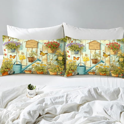 Manfei Gardening Kids Sheet Full Size,Potted Plants Flowers Butterfly Bedding Set,Boys Girls Room Decor,Geometric Wooden Plank Rustic Green Brown Bed Sheet Set 4pcs(Fitted + Flat + 2 Pillowcases)