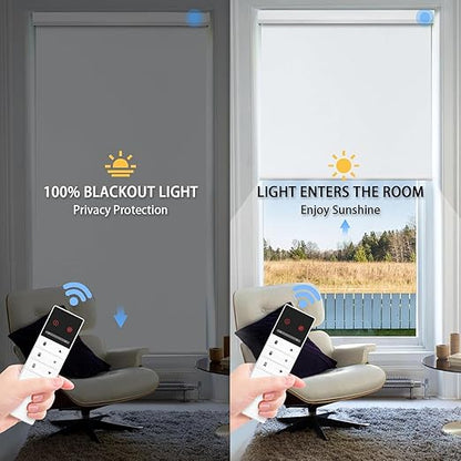 Motorized Blinds with Remote Control, 100% Blackout Cordless Wireless Electric Window Roller Shade Matter Motor Over Thread Compatible with Alexa/Google Home/Homekit (Fabric-White)
