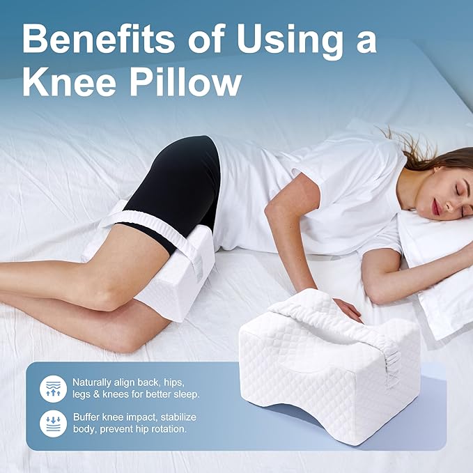 Knee Pillow for Side Sleepers, Leg Pillow for Sciatica, Back, HIPS, Knees, Joints Pain Relief,Pillows for Between Legs While Sleeping Spine Alignment Support & Relieves Pressure,Basic Strap,White
