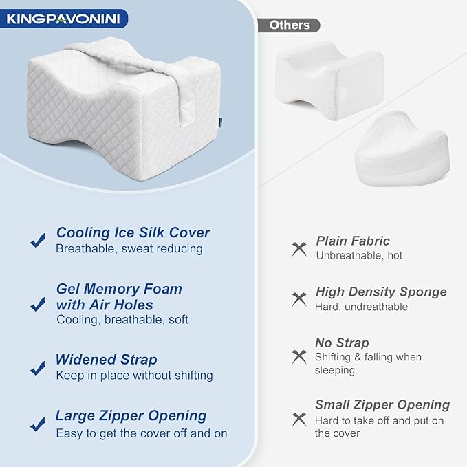 KingPavonini Cooling Knee Pillow for Side Sleepers, Gel Memory Foam Leg Pillows for Side Sleeping with Ice Silk Cover and Strap, Knee Pillow for Back Hip Pain, Spine Aligning, Sciatica, Pregnancy
