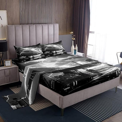 Airplane Fitted Sheet Set Full Size 4 Pcs,Aviation Plane Aircraft Modern Teens Sheets,3D Print Lightning Sky Print Gray Bedding Sets (1 Fitted,1 Flat,2 Pillowcases)