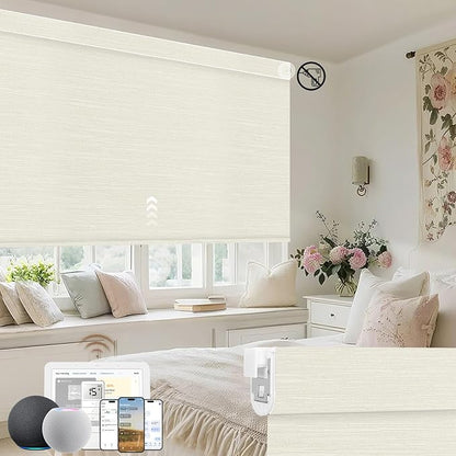 Kincmo No Drill Motorized Blinds with Remote, 100% Blackout Roller Shades for Windows, Custom Electric Blinds Compatible with Alexa, Apple Homekit, Google Home (100% Blackout Dreamy Warm)