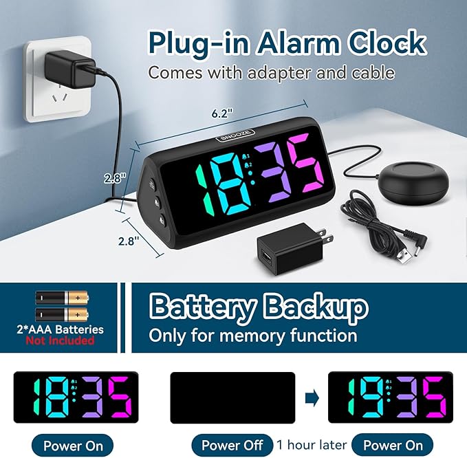 Netzu Loud Alarm Clock for Heavy Sleepers, Plug-in RGB Vibrating Alarm Clocks with Bed Shaker, 5 Dimmers, 2 Alarms and Snooze for Bedrooms Hearing Impaired Deaf Adults (Black)