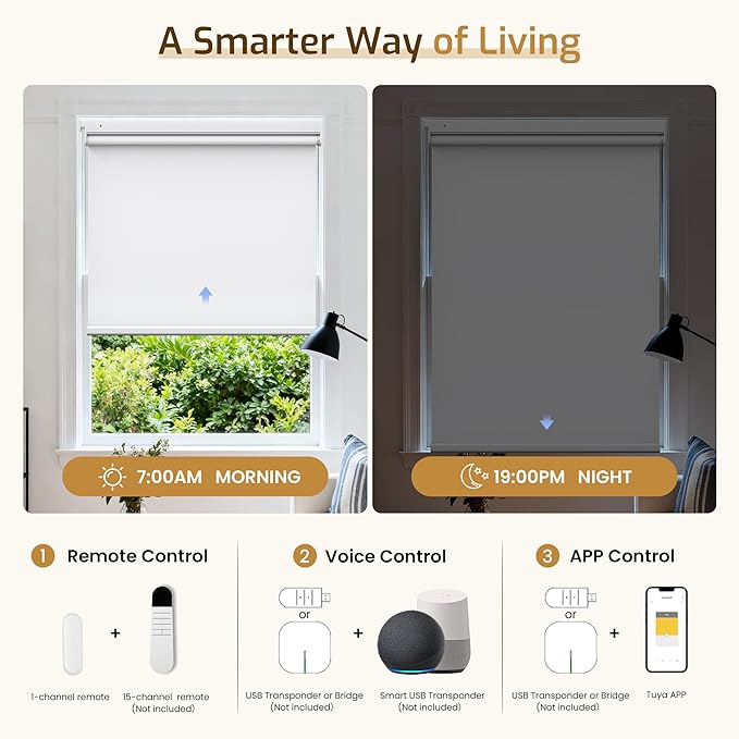 Grandekor No Drill Motorized Roller Blinds with Remote Control - White-Blackout 51.5 * 36 Motorized Blinds | Smart Electric Shades Compatible with App & Voice Control for Living Room