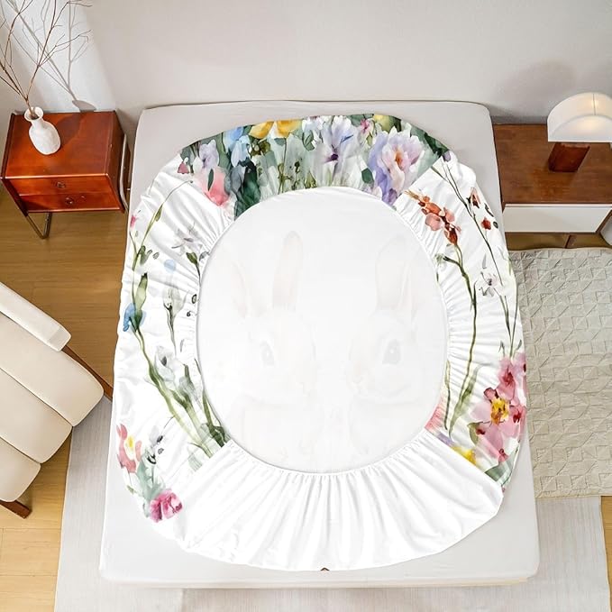 Spring Easter Fitted Sheet Twin Size Bunny Cute Rabbits Flower Bedding Set for Kids Bedroom Floral Farmhouse Watercolor Bed Sheet Set 2pcs White Colorful Deep Pocket Mattress Cover,No Top Flat