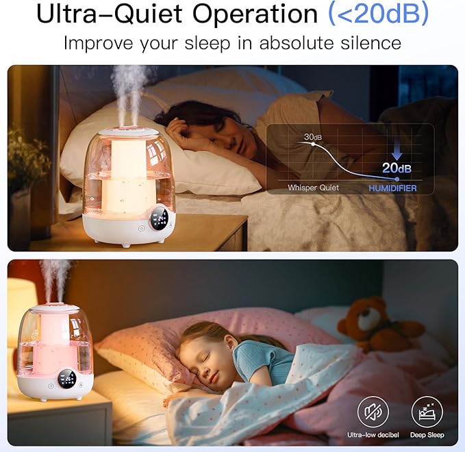 Humidifiers for Bedroom, 3L Tank for 30H 20dB Quiet Mist Time, Dual Nozzles, LED Lights, Smart Timer (2/4/8 Hours), Auto Shut-Off, Perfect for Baby and Large Rooms (White)