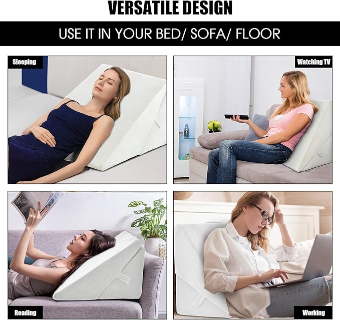 KOMFOTT Bed Wedge Rest Pillow - Adjustable Memory Foam Incline Cushion Triangle Back Support Reading Pillow w/Removable Case Cover for Back Pain, 14" Height, White Pillow