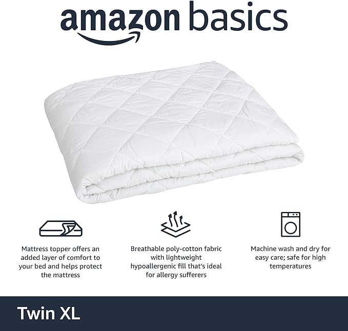 Amazon Basics Hypoallergenic Breathable Quilted Mattress Topper Pad, 18 Inches Deep, Twin XL, White