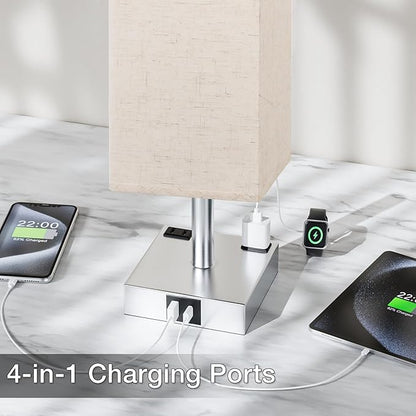 Touch Bedside Table Lamp for Nightstand - 3-Way Dimmable Night Lamp with USB A + Type C Charging Ports and Two AC Outlets, Small Desk Light with E26 LED Bulb for Bedroom Living Room Dorm, Beige