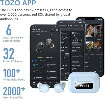 TOZO NC9 Hybrid Active Noise Cancelling Wireless Earbuds, 6 Mics ENC Clear Call, IPX8 Waterproof, in Ear Bluetooth 5.3 Headphones Stereo Bass Ear Buds 60H Playtime with LED Display 32 EQs via APP