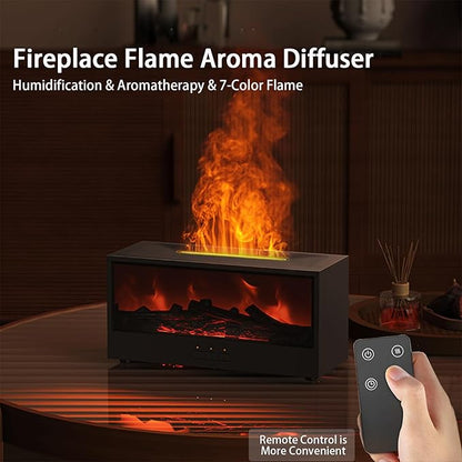 Fireplace Flame Diffuser, 150ml Desktop Intelligent Ultrasonic Essential Oil Diffuser, 7-Color Flame Simulation Firewood Diffuser, Remote Control, Timer & Auto-Off for Home, Room (Black)