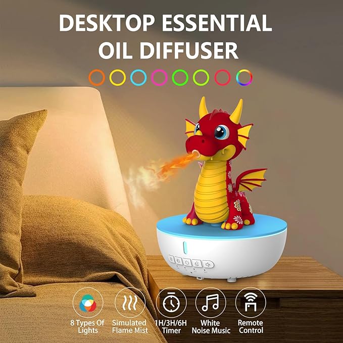 Aromatherapy Dragon Humidifier, 200ML Essential Oil Diffuser with Remote & Timer, White Noise Machine with 10 Soothing Sounds, Cute Small Humidifiers for Kids Bedroom, Home, Office (Red)