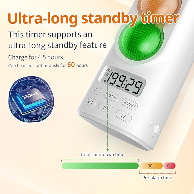 Traffic Light Visual Timer&ADHD Tool for Kids Adults Display Volume Adjustment, with 4 Ringtones for Classroom Desk Home Kitchen Game Countdown Pause Memory Function Charger Type C Included
