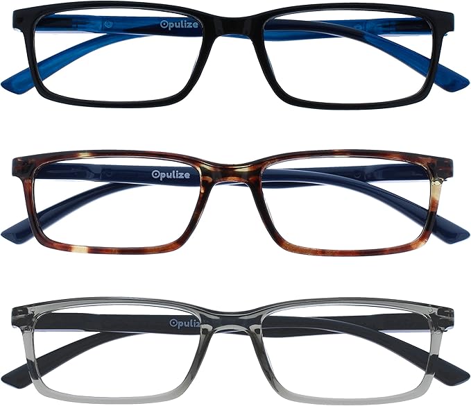 OPULIZE SEE Reading Glasses with Blue Light Blocking for Women and Men, Narrow Frame, Spring Hinges, Computer Gaming Glasses, Black,Brown,Grey +1 (Pack of 3)