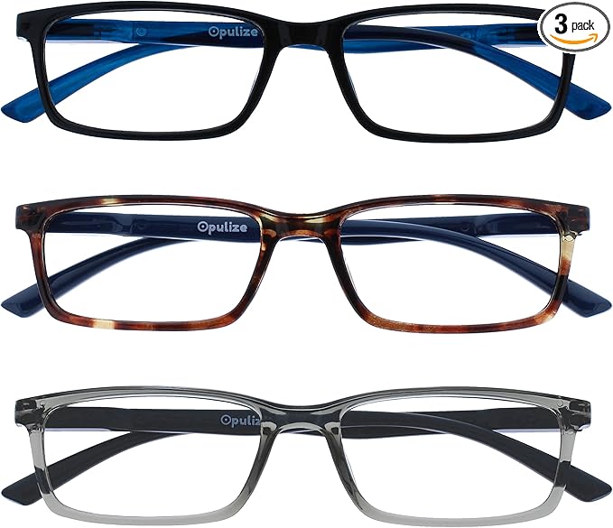 OPULIZE SEE Reading Glasses with Blue Light Blocking for Women and Men, Narrow Frame, Spring Hinges, Computer Gaming Glasses, Black,Brown,Grey +1.5 (Pack of 3)