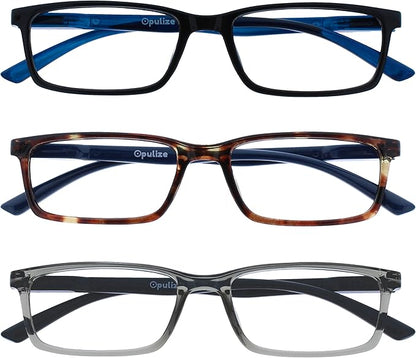 OPULIZE SEE Reading Glasses with Blue Light Blocking for Women and Men, Narrow Frame, Spring Hinges, Computer Gaming Glasses, Black,Brown,Grey +0 (Pack of 3)