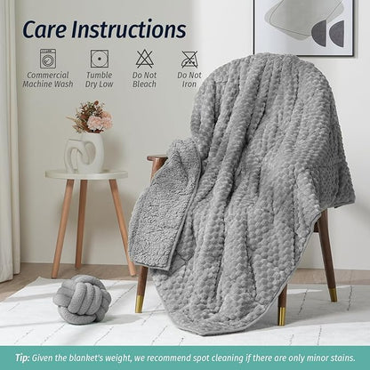 Wemore Fleece Weighted Blanket for Adults (60" x 80" 15lbs, Grey), Dual Sided Cozy Soft Sherpa Heavy Blanket, 3D Imitation Turtle Shell Warm Jacquard Flannel Weighted Blankets for Couch and Bed
