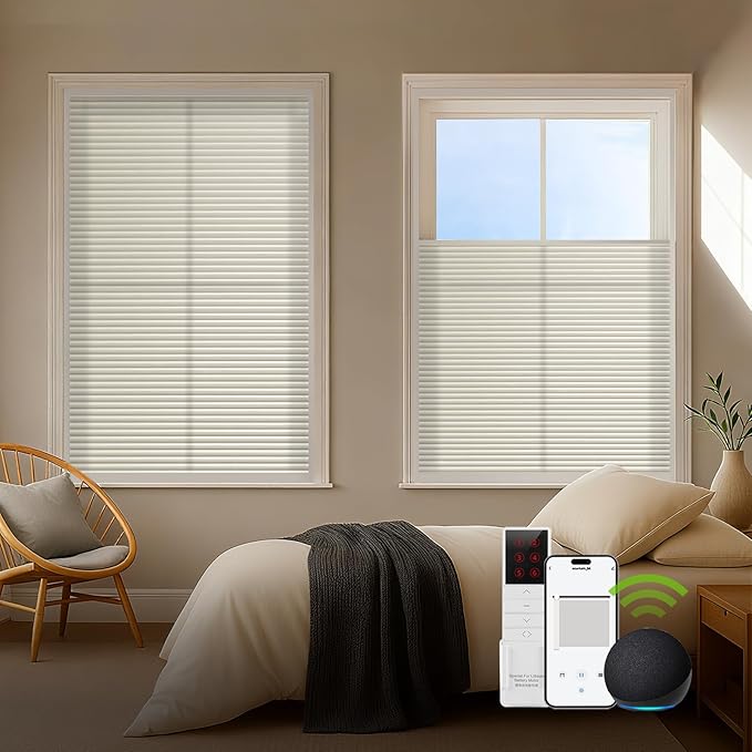ZSTARR Motorized Skylight Shades Blackout Cellular Honeycomb Electric Blinds with Solar Panel Cordless Rechargeable with Remote for Roof and Slanted Windows Custom Size (LF Printed Cream White)