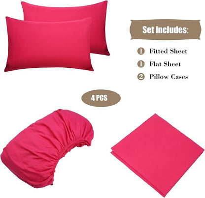 4 Piece Bed Sheet Set (Queen,Hot Pink) 1 Flat Sheet,1 Fitted Sheet and 2 Pillow Cases,Brushed Microfiber Luxury Bedding with Deep Pockets