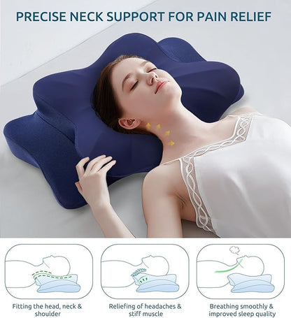 Memory Foam Cervical Pillow for Neck and Shoulder, Ergonomic Contour Cervical Neck Pillow for Sleeping, Cooling Neck Support Pillows for Side Back Stomach Sleeper Standard Size Deep Blue