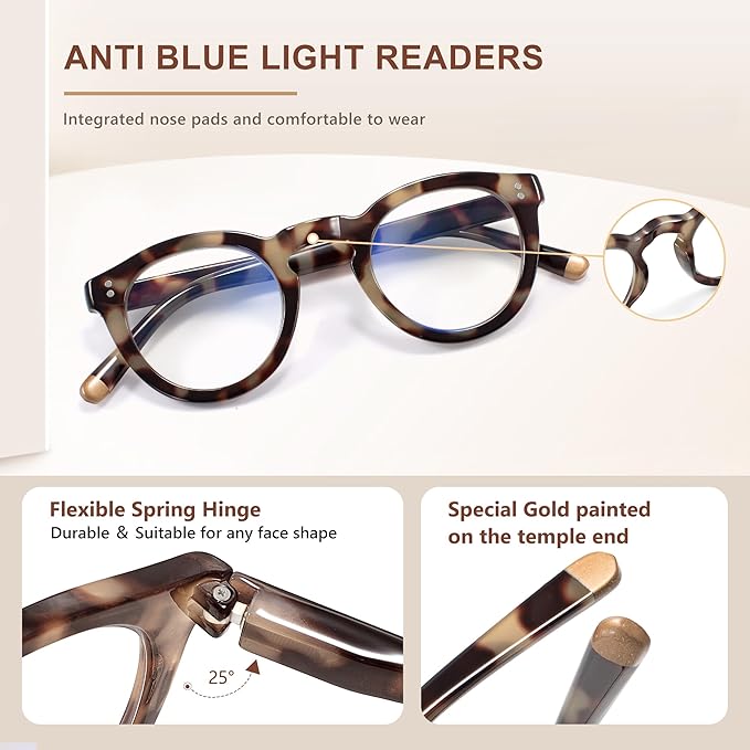 EASY READ Retro Round Blue Light Blocking Reading Glasses for Women,Anti UV Readers for Women with Spring Hinge